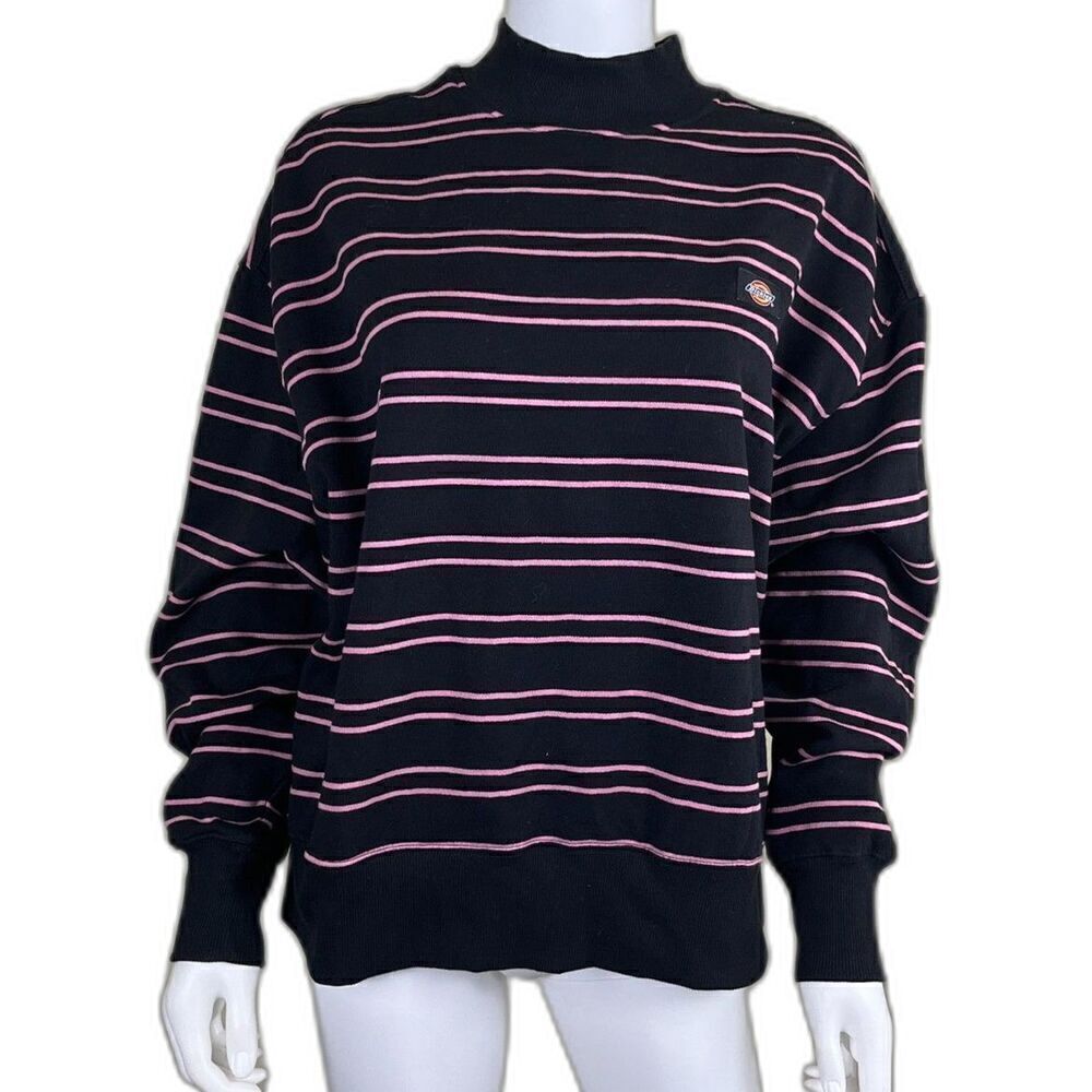 Dickies Women's Pink Black Westover Striped Crewneck Sweatshirt Cotton Boxy